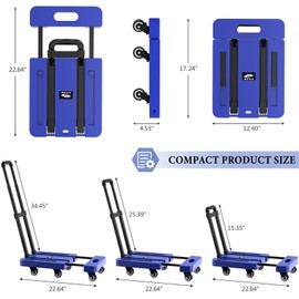 SOYO Folding Hand Truck, 500lbs Heavy Duty Dolly, Portable 6 Wheels Collapsible Luggage Cart with 2 Elastic Ropes for Moving, Travel, Shopping, House Office Use, Blue