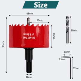 Hole Saw 68 mm+Dust Cover 130mm, Universal HSS M42 Bi-Metal Hole Saws, Circular Hole Saw with Hex Shank and Drill Bit Set Drill Bit for Wood, Drywall, Plastics, 1 Piece Red