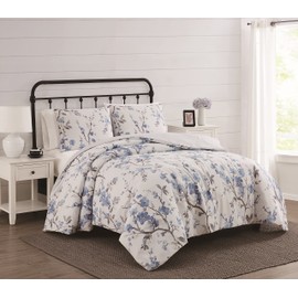 CANNON Kasumi Floral Full/Queen 3 Piece Quilt Set, White/Blue