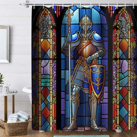 TPMDFC Medieval Shower Curtain, 72x72 inch Polyester, Medieval Knight Stained Glass Bathroom Shower Curtains Decor Set with 12 Hooks YLOKTP0834