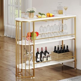 DWVO Home Bar Unit, 3 Tier Liquor Bar Table with Glass Holder, Storage Display Shelf, 47 Inch Corner Bar Cabinet for Home Kitchen Dining Room