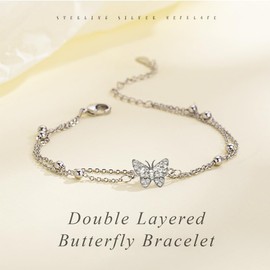LYQNIHOB 1 Pcs Silver Butterfly Beaded Bracelet Adjustable Multilayer Look Friendship Bracelet Gift for Girls Women, Metal