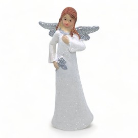 MIJOMA Hand Painted Artificial Stone Angel Figurine 14cm White / Silver with Sparkles Available in Various Designs - A Special Ornament for Your Home (Angel with Flower)