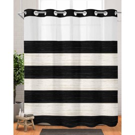 EwdeWwo No Hook Striped Shower Curtain with Snap in Liner, Black and White Shower Curtain for Bathroom Waterproof Vintage Farmhouse Stripe Bath Curtain with See Through Mesh Top Window, 72" x 72"