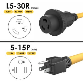 SQUANCHY 30 amp to 110 Adapter 30 Amp to 15 Amp 5-15P Male to L5-30R 125 Volt Female with Twist Locking RV Boat Marine Dogbone Plug