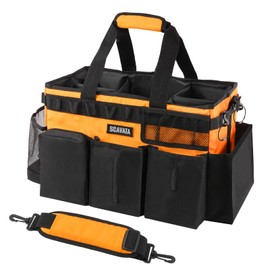 SCAVATA Wearable Cleaning Caddy Bag, Cleaning Caddy Supplies Organizer with Handle & Shoulder Straps for Housekeepers, Under Sink & Car Cleaning Tool Organizers with 4 Foldable Divider (Orange)