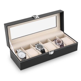 6 Grids Watch Box Leather Watch Storage Box Watch Display Box with 6 Removable Watch Pillows Watch Storage Case Wristwatch Box for Men Women View-through Acrylic Lid 33 x 14 x 11cm