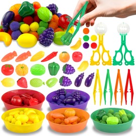ZhowHoHo 131 Pcs Summer Fruits Sensory Bin Filler Apples Orange Sensory Bin Items Fine Motor Toys Counting Sorting Colorful Strawberry Vegetables Pom Poms Cup Clip for Preschool Education Activities