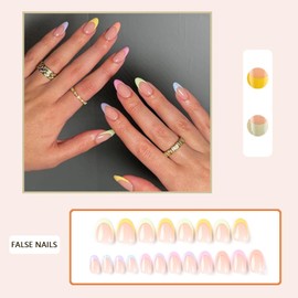 Press On Nails Short - French Tip False Nails Almond - 24PCS Rainbow French Summer Fake Nail in 12 Sizes - Reusable Stick on Nails for Women