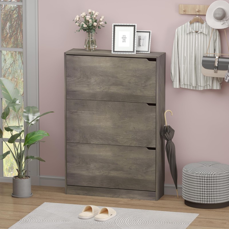 BORNOON Shoe Cabinet with 3 Flip Drawers, Hidden Wood Shoe