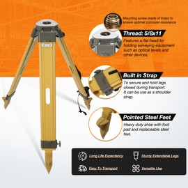 Surveying Tripod, Wooden Survey Tripod with 5/8-Inch 11-Threaded Flat Head with Twist Lock for Total Station Theodolite Auto Level (DW-1-FCT)
