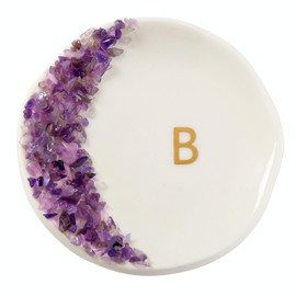 Maxsirui Ceramic Initials Ring Dish with Brazilian Amethyst Inlaid, Cute Room Decor Aesthetic, Decorative Jewelry Tray Trinket Dish, Engagement Wedding Birthday Christmas Gifts for Women(B)