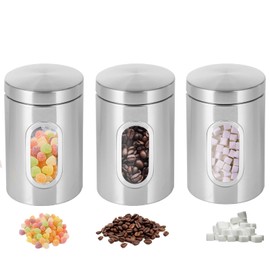 3 Pack Stainless Steel Kitchen Canisters, Canisters Sets for the Kitchen Accessories Stainless Steel Food Container With Secure Lids & Viewing Window Multi Food Storage Jars for Tea Coffee (Silvery)
