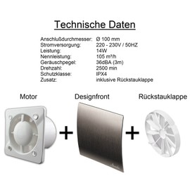 WES100T Bathroom Fan Diameter 100 mm Brushed Silver with Timer / Overflow and Backflow Flap Fan Front Wall Fan Bathroom Fan Built-in Fan Bathroom Kitchen Quiet 10 cm