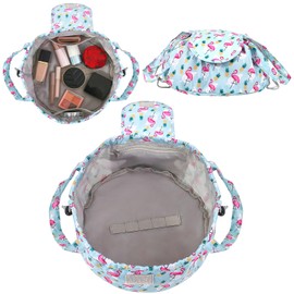 GECBEKK Barrel Drawstring Makeup Bag Large Cosmetic Bag Toiletry Organizer for Women (Flamingo Blue)