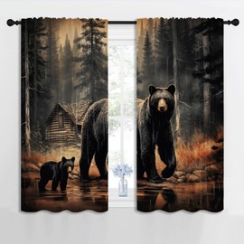 PYMATYTN Bear Blackout Curtains for Boys Girl Bedroom Decor,Countryside Hunting Lodge Forest Wildlife Thermal Insulated Rod Pocket Drapes Darkening Window Curtain for Living Room Home 42x45 inch