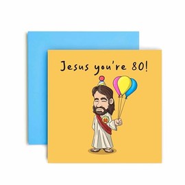 Huxters 80th Birthday Card for him – Funny Birthday Cards for Men – Funny Jesus Badge Happy Birthday Card for Dad Brother – Brother in Law - Grandad Grandpa Birthday – (80th)