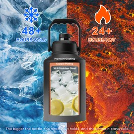 BUZIO One Gallon Water Bottle Insulated, (Cold for 48 Hrs) 128oz Water Jug Large Stainless Steel, 3.58in Big Wide Mouth Leak Proof Metal Flask with Carrying Sleeve for Camping,Gym, Travel, Black Gray