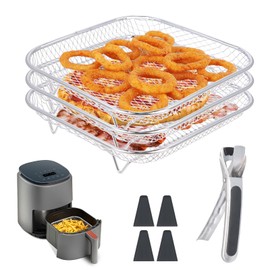 Dewocke 3-Layer Square Air Fryer Rack Set Including 4 Heighten Feet and Clip, 20cm Stainless Steel Air Fryer Accessories, Compatible with Ninja Speedi 5.7L, Cosori 5.5L, Tefal 6.5L etc