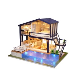 CUTEROOM Miniature House Kit, DIY Dollhouse Kit for Adults to Build, Mini House Making Kit with Furnitures, Time Apartment Dollhouse Kit with Swimming Pool Gifts for Women