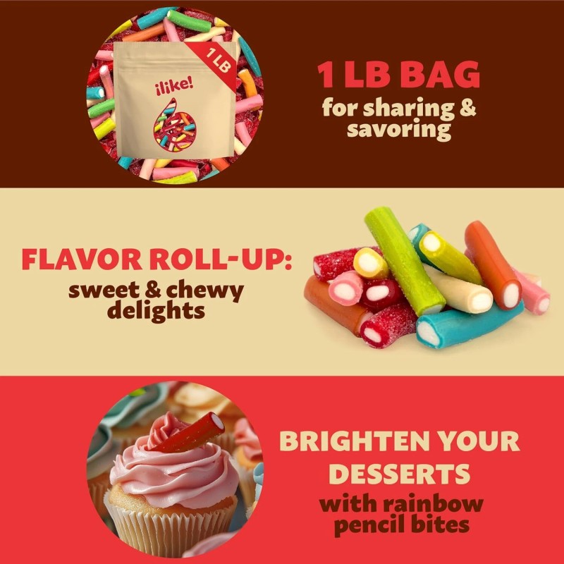 iLike! Pencil Bites Gummy Candy 1-Pound Pack, Assorted Fruit Flavors,