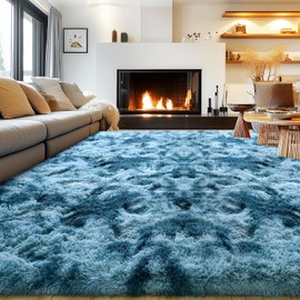 Rezutan Fluffy Rug for Living Room Bedroom, Soft Large Comfy Modern Shaggy Fuzzy Plush Indoor Nursery Home Decor Bedside Rug with Non-Slip Bottom, Tie Dye Peacock Blue Rugs, 8X10 Feet