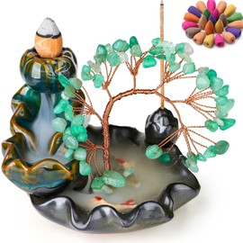 DUQGUHO Incense Holder Ceramic Backflow Incense Waterfall Burner Green Aventurine Crystal Tree with 30 Burner Incense Cones for Room Home Zen Decor Meditation Gift