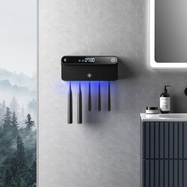 BOWER AND BLOOM Toothbrush Cleaner & Toothbrush Holder, Sleek Modern Design, Cleaning and Air Drying, LED Screen, Rechargeable Wall Mount Toothbrush Holder for Bathrooms, Black
