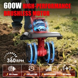 Cordless Tiller Cultivator, 360RPM 9inch Wide Electric Garden Tiller,Total 8000mAh Battery Powered Mini Cultivator,48 Steel Tines Portable Rotary Tiller for Gardening (2 x 4.0AH Battery)