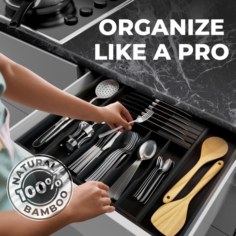 Premium Expandable Kitchen Drawer Organizer - 100% Bamboo Organizer Tray