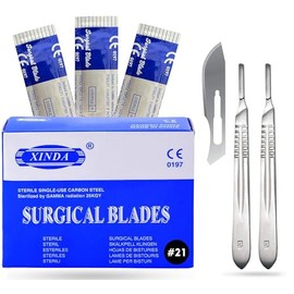 MuskalMed Pack of 100 Blades #21, Scalpel Blades for Knife Scalpel, High Carbon Steel Dermablade Blades. Individually Wrapped, Sterile + Free 2 Handle #4