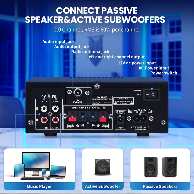 AK-50 Bluetooth5.0 Audio Amplifiers Home Stereo Amp 60WX2 Max.400W Output