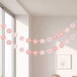 Moorle 2 Packs Daisy Boho Banner, Daisy Party Decoration, Pink Daisy Garland, Children's Birthday Decoration, Paper Birthday Decoration, Flowers for Girls, Indoor, Outdoor