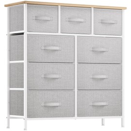 YITAHOME 9 Drawer Dresser, Light Gray Fabric Storage Tower, Tall Organizer Unit for Bedroom, Living Room, Hallway, Closets - Sturdy Steel Frame, Wooden Top & Easy Pull Bins