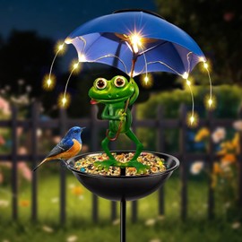 Solar Bird Feeder Frog Garden Decor, Outdoor Solar Lights Frog Figurine Lights with Umbrella, Hummingbird Feeder Decorative Path Lights Gardening Gifts for Women, Yard Art Ornament Bird Feeder