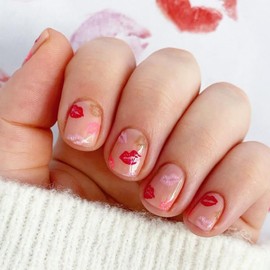 Valentine’s Day Press on Nails Short Square Fake Nails with Lips Design Pink Red Kiss Press on Nails Glossy Reusable Valentines Nails for Women Girls Manicure 24pcs