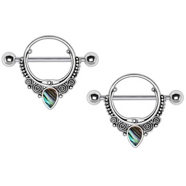 Pierced Owl Stainless Steel Abalone Teardrop Ornate Nipple Shields, Sold as Pair