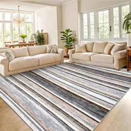 GarveeHome Washable Living Room Rug 8x10 Large Modern Strip Accent Carpet with Non-Slip Backing, Soft Low Pile Area Rug, Stain-Resistant Contemporary Floor Mat for Dining Room, Grey Brown