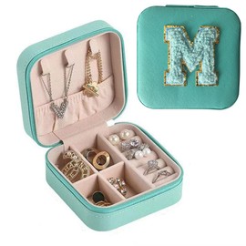 Serlife Travel Jewelry Organizer Box PU Leather Jewelry Travel Case Small Jewelry Boxes for Women Blue (Initial M)