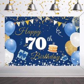 70th Birthday Decorations Backdrop Banner for Boys/Girls Happy 70 Years Old Fabric Sign Poster, Blue Photography Background 70th Birthday Party Supplies, 150 cm x 90 cm