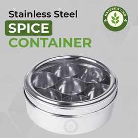 Nature's Own Stainless Steel Spice box with Non Breakable Transparent glass,Stainless Steel Spice Box with 7 container and 1 spoons,Spice Box (22CM)