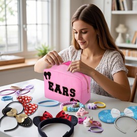 Dealkion Mouse Ears Bag Travel Case Hair Accessories Organizer Bow Mouse Ears Headbands Holder Storage Nylon Large Chenille Letter Makeup Bag Park Travel Essentials Gifts for Women