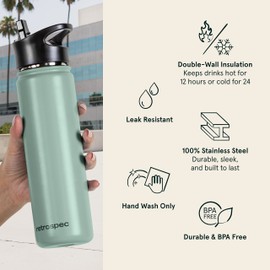 Retrospec Alder Insulated Water Bottle with Straw Lid & Handle Cap - Stainless Steel Wide Mouth Double-Wall Vacuum Insulated Thermos - BPA Free Leakproof Canteen - Pistachio, 40oz