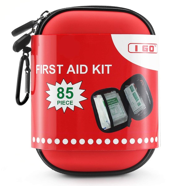 I GO 85 Pieces Hard Shell Mini Compact First Aid Kit, Small Personal Emergency Survival Kit for Travel Hiking Camping Backpacking Hunting Marine Car