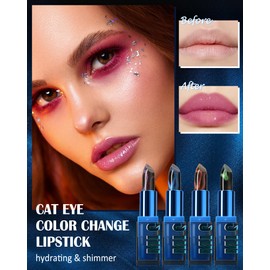 Magic Colour Changing Lipstick, Shiny Cat Eye Colour Change Lipstick, Long Lasting Moisturising, Temperature Vegan Lip Tint Blam with Fine Glitter Particles for Women, Waterproof & Emergency Stick Cup