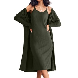 Ekouaer Womens Knit Robe Set 2 Piece Nightgown with Robes Long Sleeves Lounge Sets with Pockets Army Green Medium