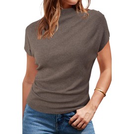 Arach&Cloz 2025 Womens Ruched Lightweight Blouse Summer Trendy Tops Ladies Dressy Casual Mock Neck T Shirts Cap Short Sleeve Sweater Vacation Outfits Going Out Vest Coffee S