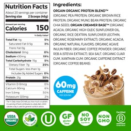 Orgain Organic Vegan Protein Powder, Iced Coffee - 21g Plant Protein, 60mg of Caffeine, Low Net Carb, No Lactose Ingredients, No Added Sugar, Non-GMO, For Shakes & Smoothies, 2.03 lb