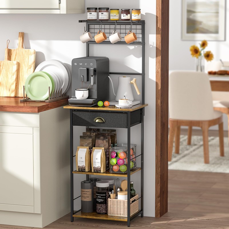 5 Tier Coffee Bar Station with Drawer, Kitchen Stand with