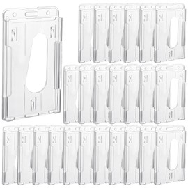 25 Pack Vertical 2-Card Badge Holder, Heavy Duty Hard Plastic ID Card Holder with Thumb Slot, Clear PC Protector Sleeve for Office, School, Credit Cards & Driver's Licenses